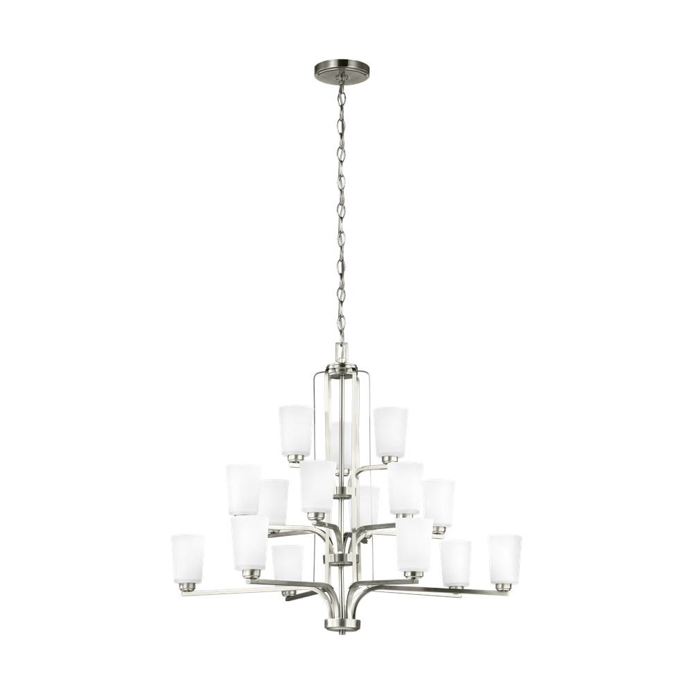 Generation Lighting Franport Transitional 15-Light Indoor Dimmable Ceiling Chandelier Pendant Light In Brushed Nickel Silver Finish With Etched White Glass Shades