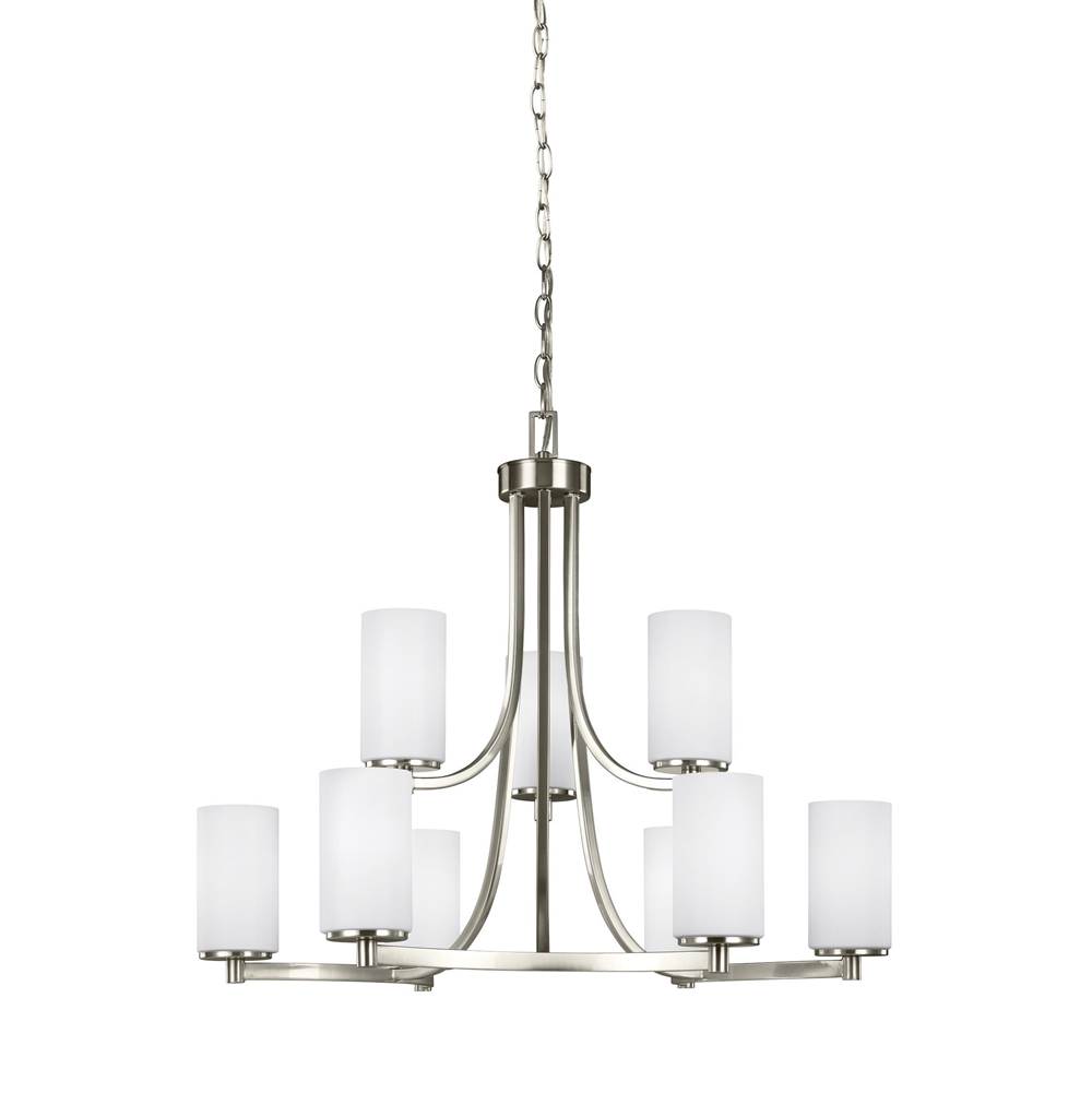 Generation Lighting Hettinger Transitional 9-Light Indoor Dimmable Ceiling Chandelier Pendant Light In Brushed Nickel Silver Finish W/Etched White Inside Glass Shades