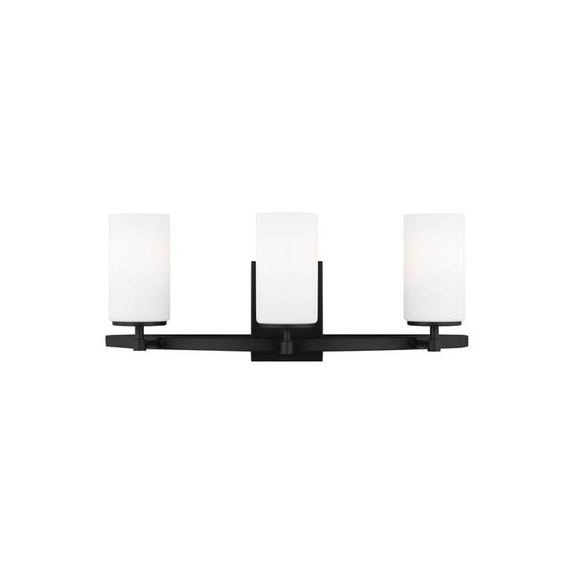Generation Lighting Alturas Indoor Dimmable 3-Light Wall Bath Sconce In A Midnight Black Finish And Etched White Glass Shades
