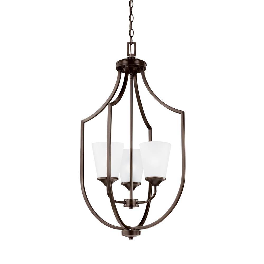 Generation Lighting Hanford Traditional 3-Light Led Indoor Dimmable Ceiling Pendant Hanging Chandelier Pendant Light In Bronze Finish With Satin Etched Glass Shades