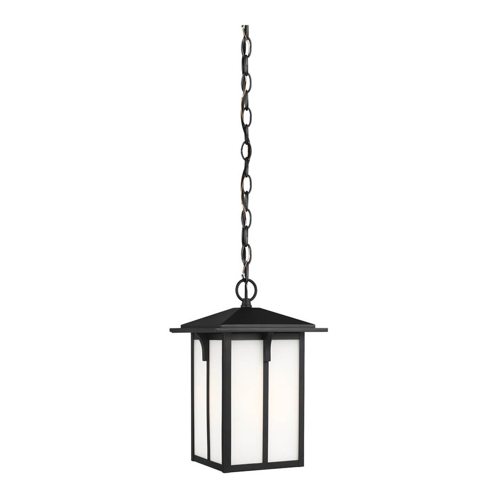Generation Lighting Tomek Modern 1-Light Led Outdoor Exterior Ceiling Hanging Pendant In Black Finish With Etched White Glass Panels
