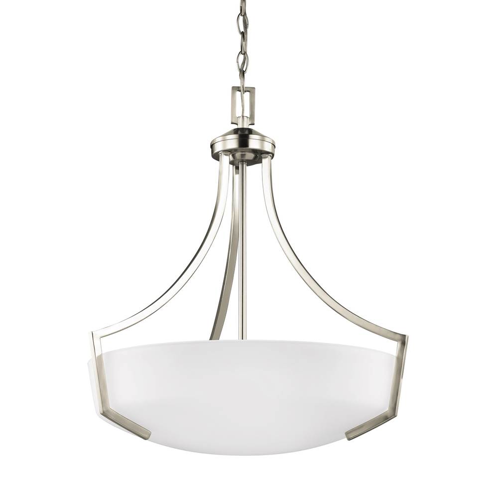 Generation Lighting Hanford Traditional 3-Light Led Indoor Dimmable Ceiling Pendant Hanging Chandelier Pendant Light In Brushed Nickel Silver W/Satin Etched Glass Shade