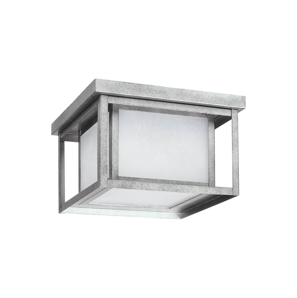 Generation Lighting Hunnington Contemporary 1-Light Outdoor Exterior Led Outdoor Ceiling Flush Mount In Weathered Pewter Grey Finish With Etched Seeded Glass Panels