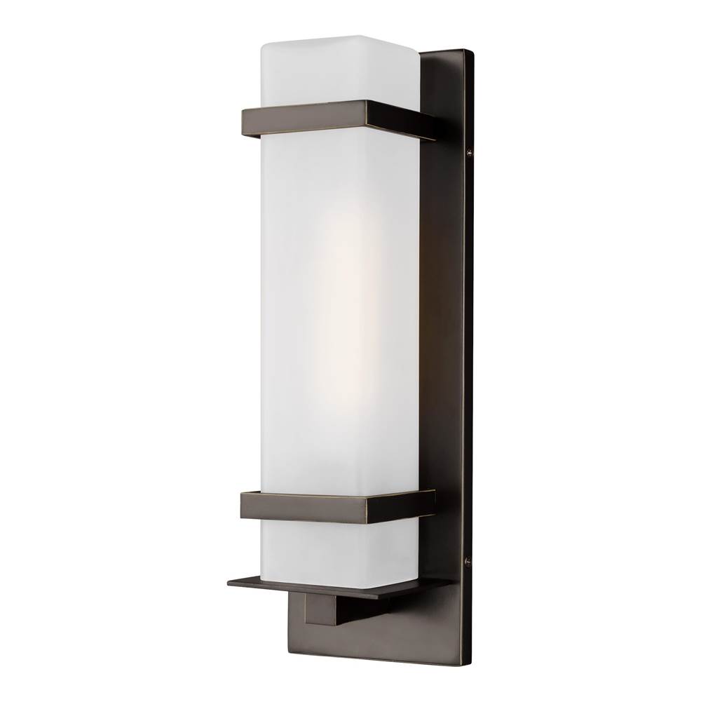 Generation Lighting Alban Modern 1-Light Outdoor Exterior Small Wall Lantern In Antique Bronze Finish With Etched Opal Glass Shade