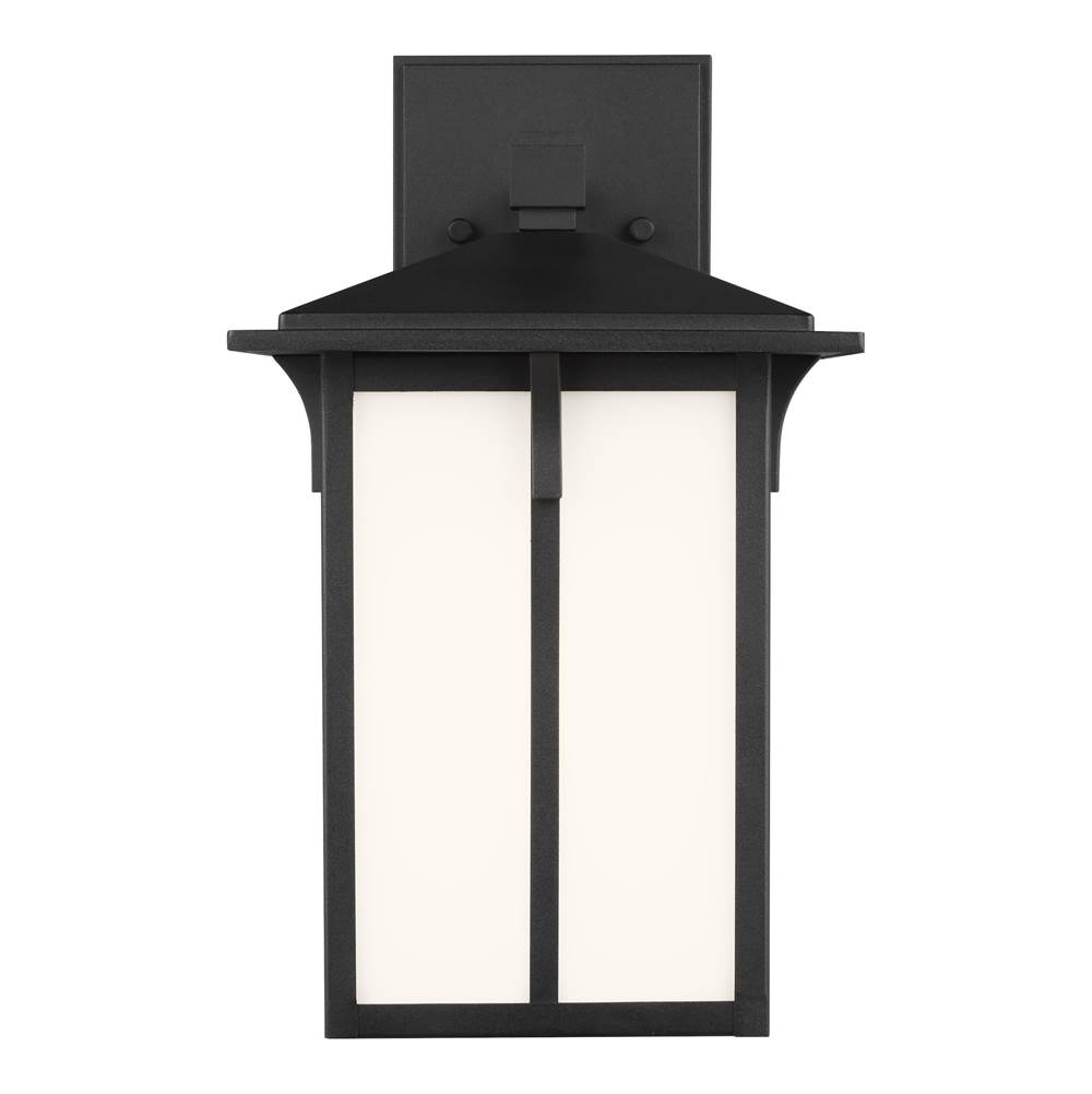Generation Lighting Tomek Modern 1-Light Outdoor Exterior Small Wall Lantern Sconce In Black Finish With Etched White Glass Panels