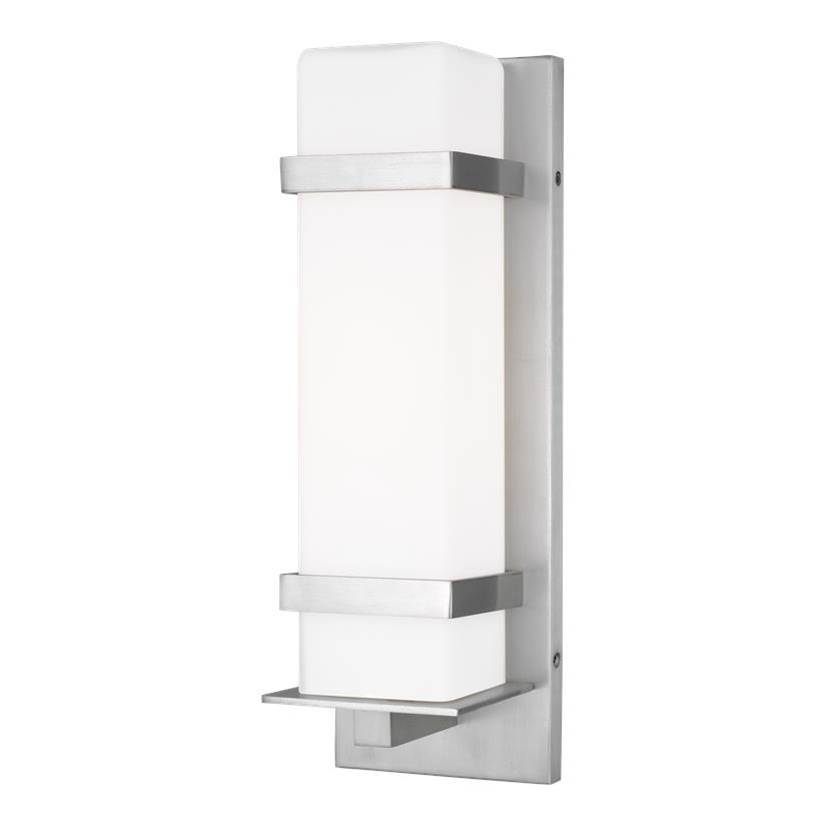 Generation Lighting Alban Modern 1-Light Led Outdoor Exterior Medium Square Wall Lantern Sconce In Satin Aluminum Silver Finish With Etched Opal Glass Shade