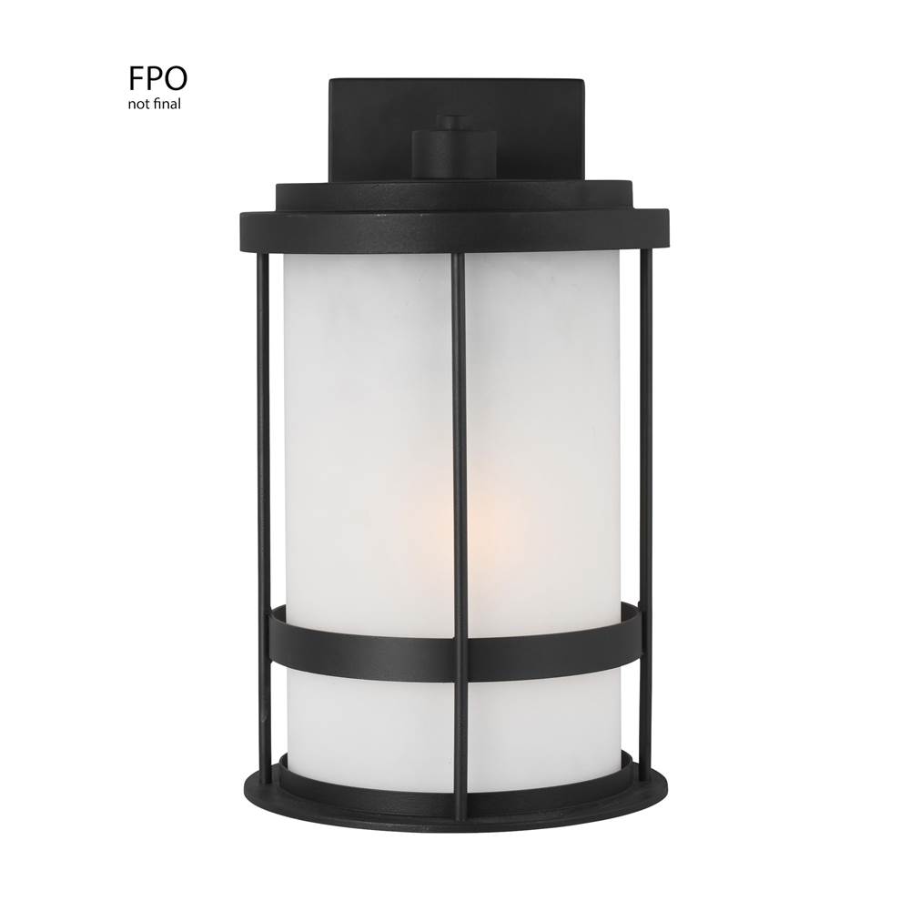 Generation Lighting Wilburn Modern 1-Light Led Outdoor Exterior Medium Wall Lantern Sconce In Black Finish With Satin Etched Glass Shade