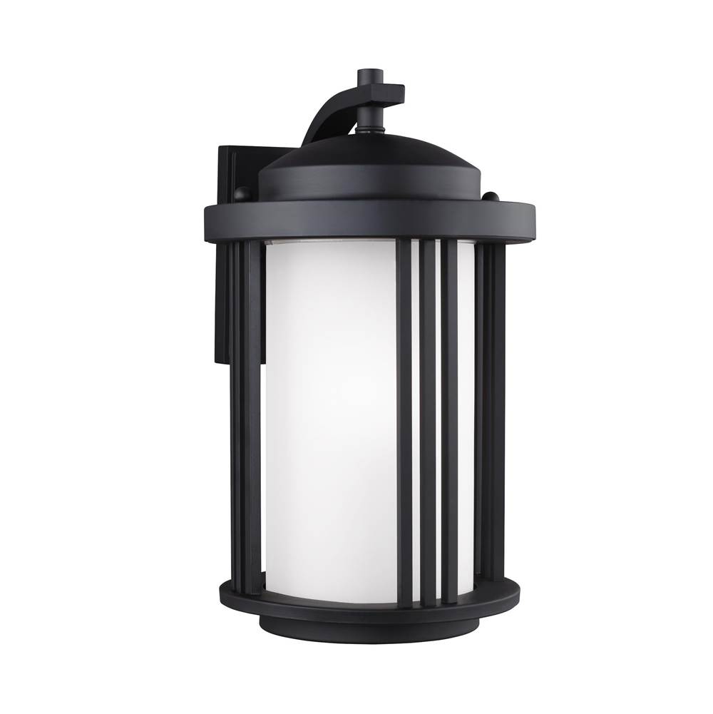Generation Lighting Crowell Contemporary 1-Light Outdoor Exterior Medium Wall Lantern Sconce In Black Finish With Satin Etched Glass Shade