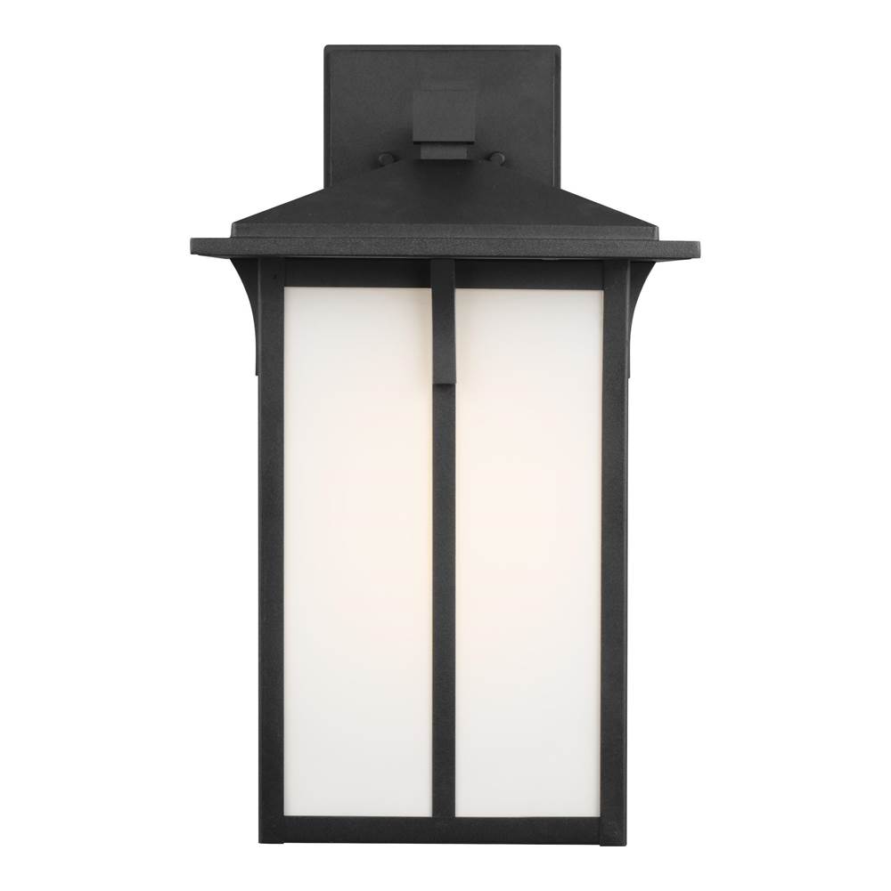 Generation Lighting Tomek Modern 1-Light Outdoor Exterior Large Wall Lantern Sconce In Black Finish With Etched White Glass Panels
