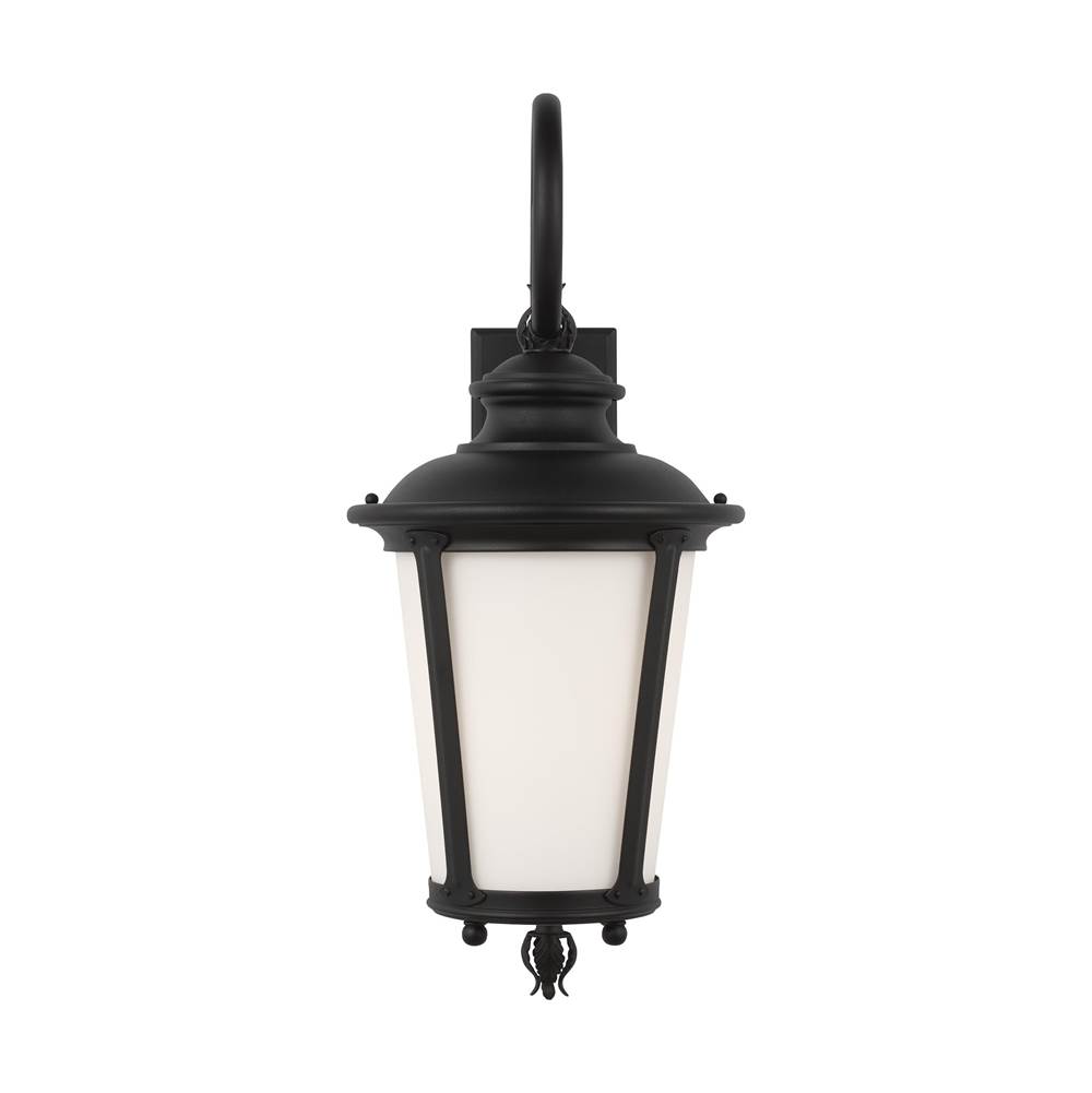 Generation Lighting Cape May Traditional 1-Light Outdoor Exterior Large Wall Lantern Sconce In Black Finish With Etched White Glass Shade