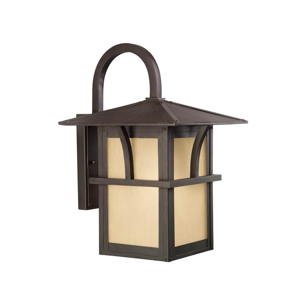 Generation Lighting Medford Lakes Transitional 1-Light Led Outdoor Exterior Large Wall Lantern Sconce In Statuary Bronze W/Etched Hammered W/Light Amber Glass Panels