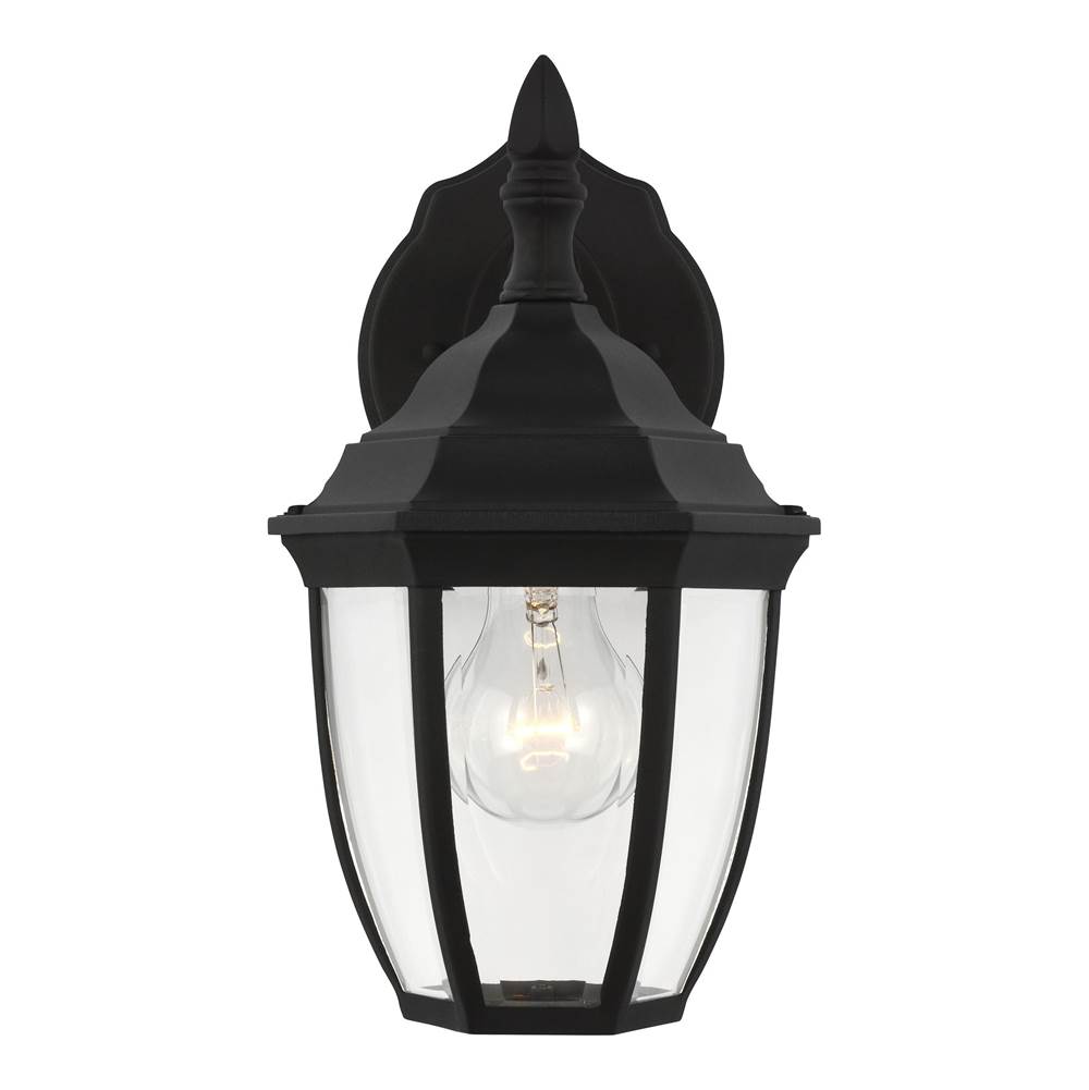 Generation Lighting Bakersville Traditional 1-Light Outdoor Exterior Round Small Wall Lantern Sconce In Black Finish With Clear Beveled Glass Panels
