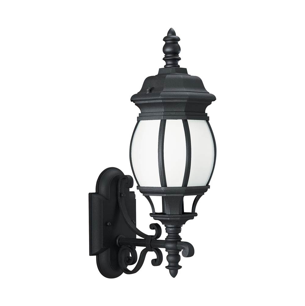 Generation Lighting Wynfield Traditional 1-Light Outdoor Exterior Medium Wall Lantern Sconce In Black Finish With Frosted Glass Panels