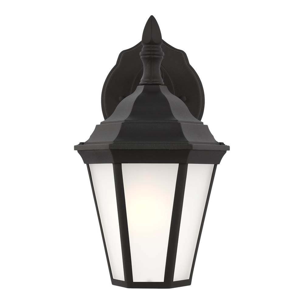 Generation Lighting Bakersville Traditional 1-Light Outdoor Exterior Small Wall Lantern Sconce In Black Finish With Satin Etched Glass Panels