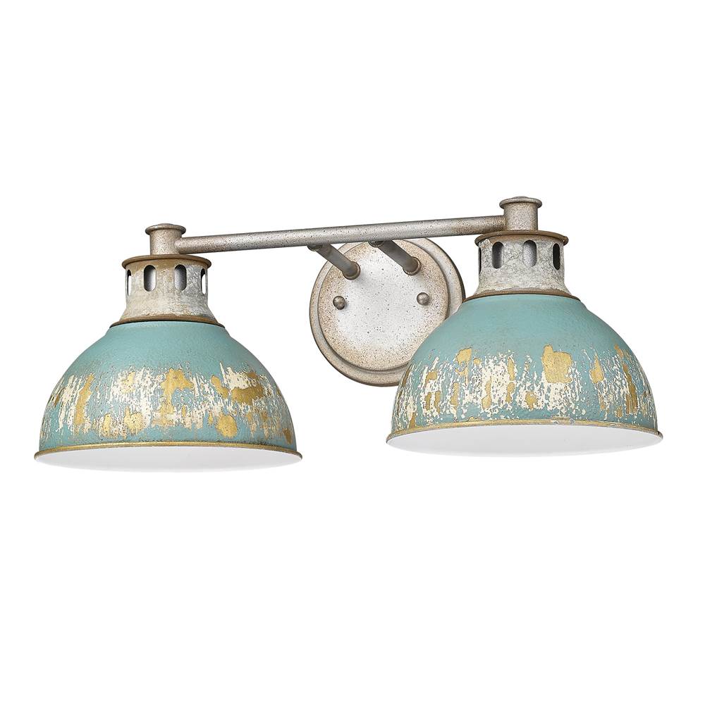 Golden Lighting Kinsley 2 Light Bath Vanity in Aged Galvanized Steel with Antique Teal Shade Shade