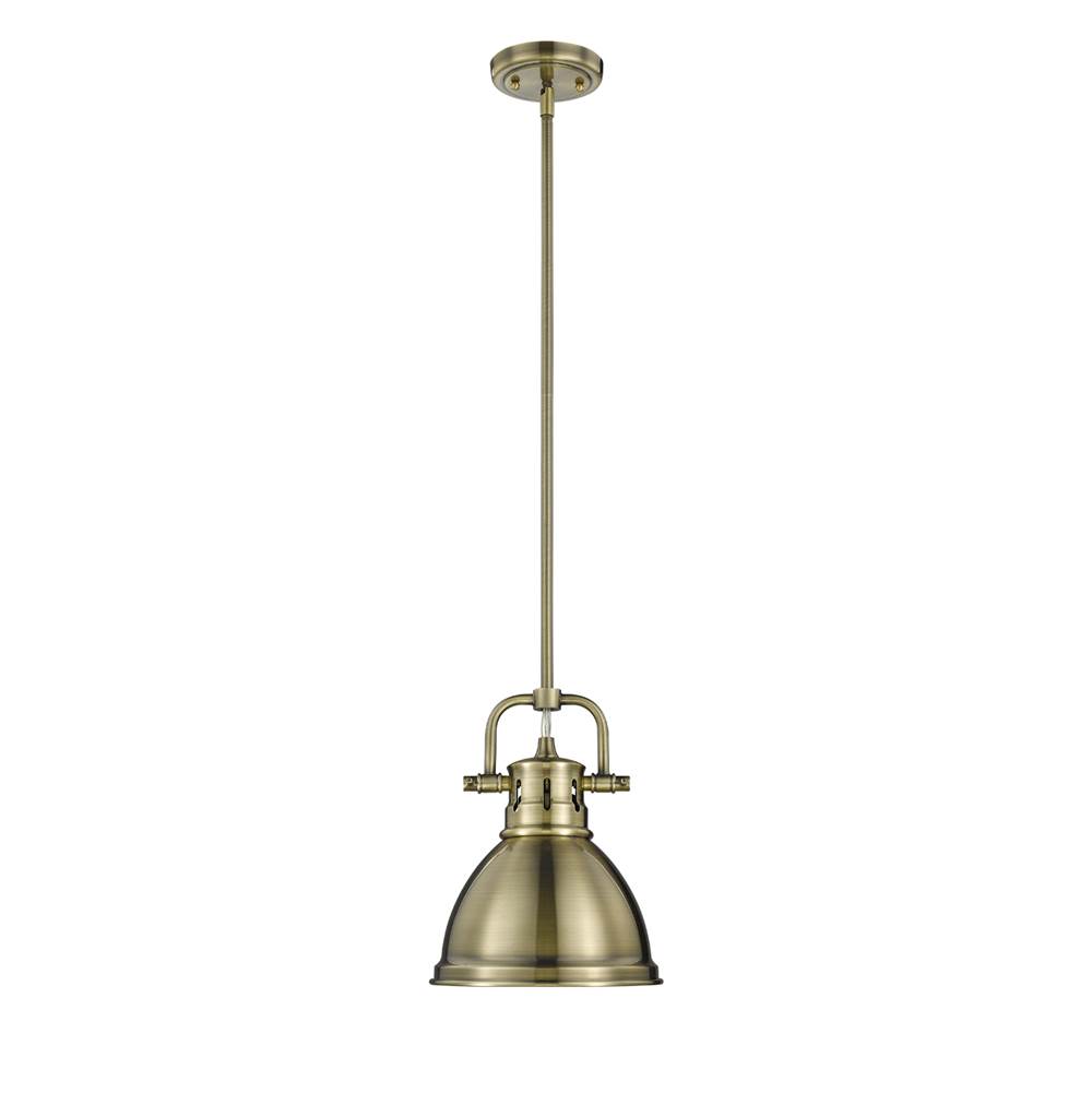 Golden Lighting Duncan Mini Pendant with Rod in Aged Brass with an Aged Brass Shade