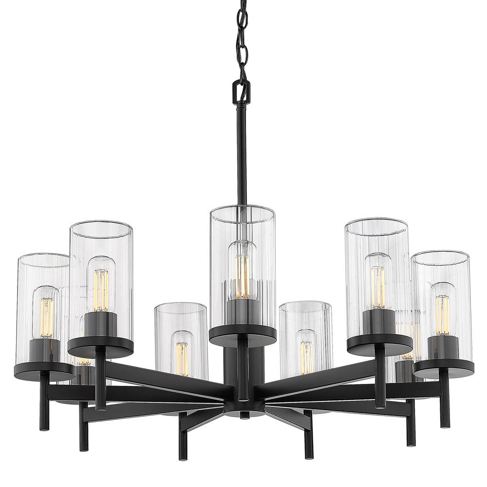Golden Lighting Winslett 9 Light Chandelier in Matte Black with Ribbed Clear Glass Shades