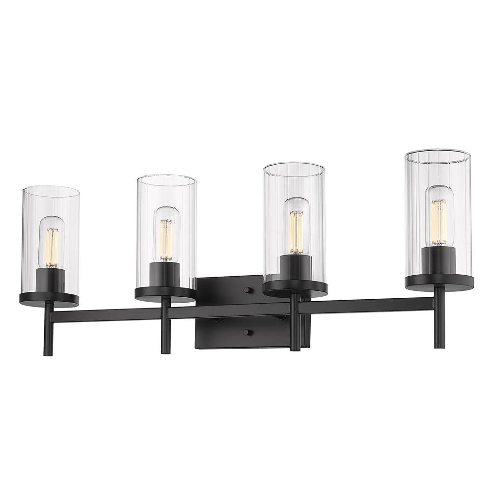 Golden Lighting Winslett 4 Light Bath Vanity in Matte Black with Ribbed Clear Glass Shades