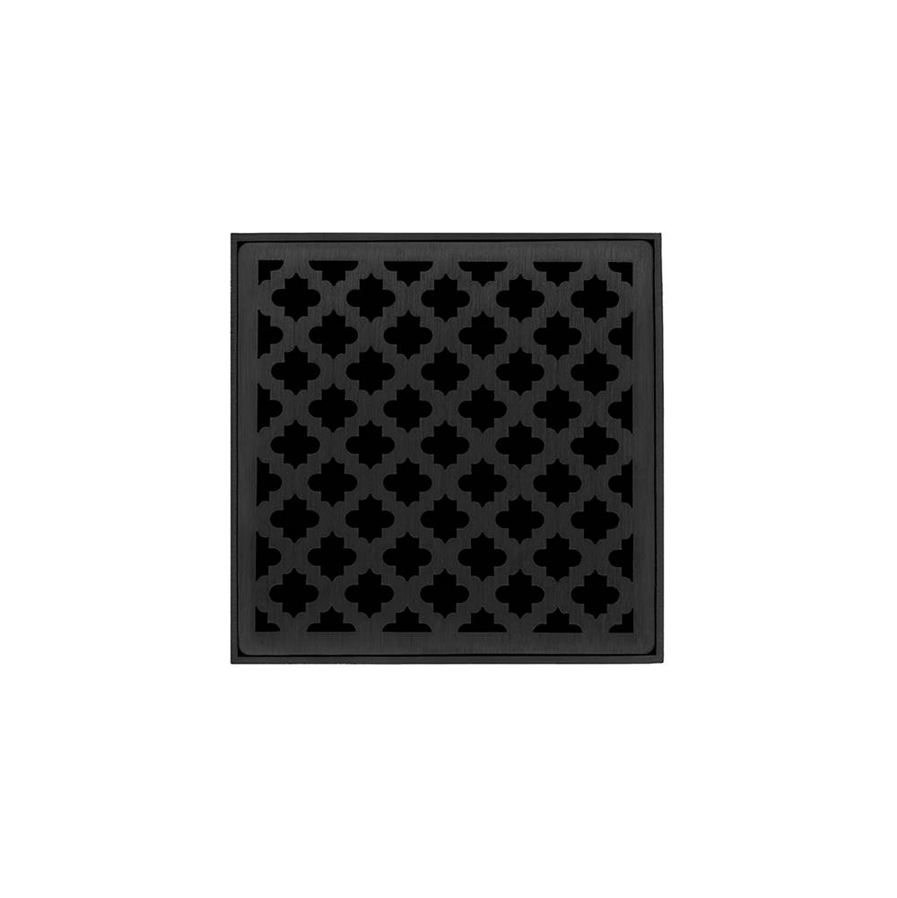 Infinity Drain 4'' x 4'' MD 4 Complete Kit with Moor Pattern Decorative Plate in Matte Black with Cast Iron Drain Body, 2'' Outlet