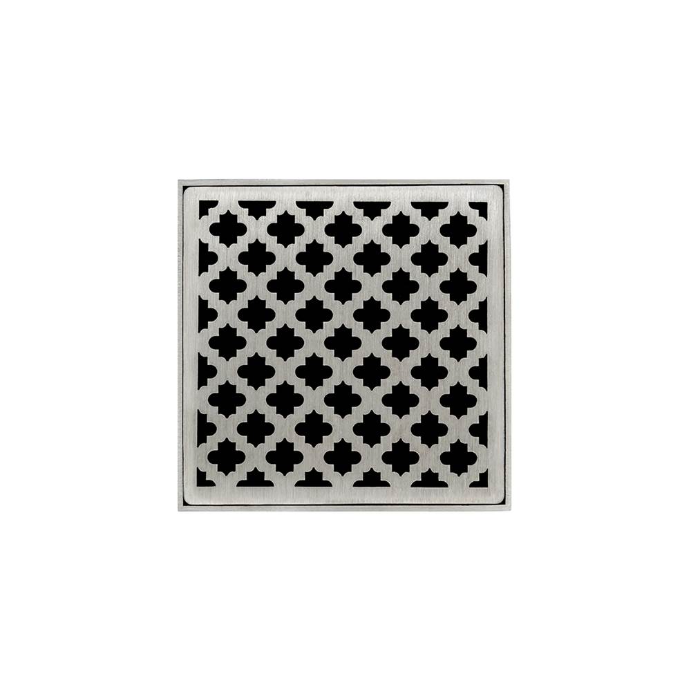 Infinity Drain 5'' x 5'' MD 5 High Flow Complete Kit with Moor Pattern Decorative Plate in Satin Stainless with PVC Drain Body, 3'' Outlet