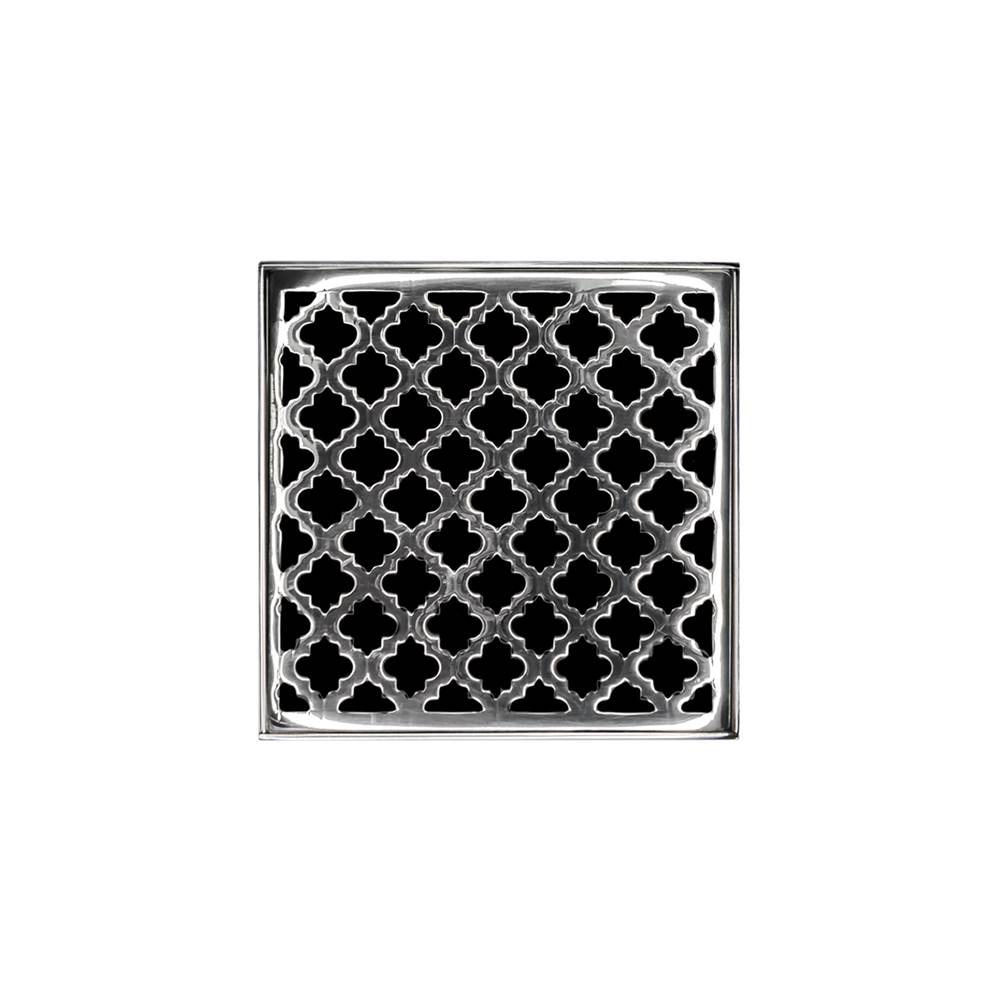 Infinity Drain 5'' x 5'' MDB 5 Complete Kit with Moor Pattern Decorative Plate in Polished Stainless with ABS Bonded Flange Drain Body, 2'', 3'' and 4'' Outlet