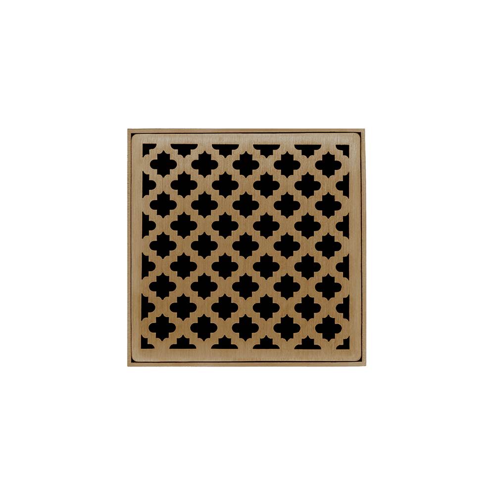 Infinity Drain 5'' x 5'' MDB 5 Complete Kit with Moor Pattern Decorative Plate in Satin Bronze with Stainless Steel Bonded Flange Drain Body, 2'' No Hub Outlet