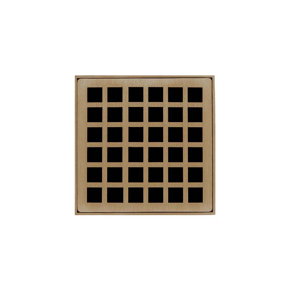 Infinity Drain 4'' x 4'' QD 4 Complete Kit with Squares Pattern Decorative Plate in Satin Bronze with Cast Iron Drain Body for Hot Mop, 2'' Outlet