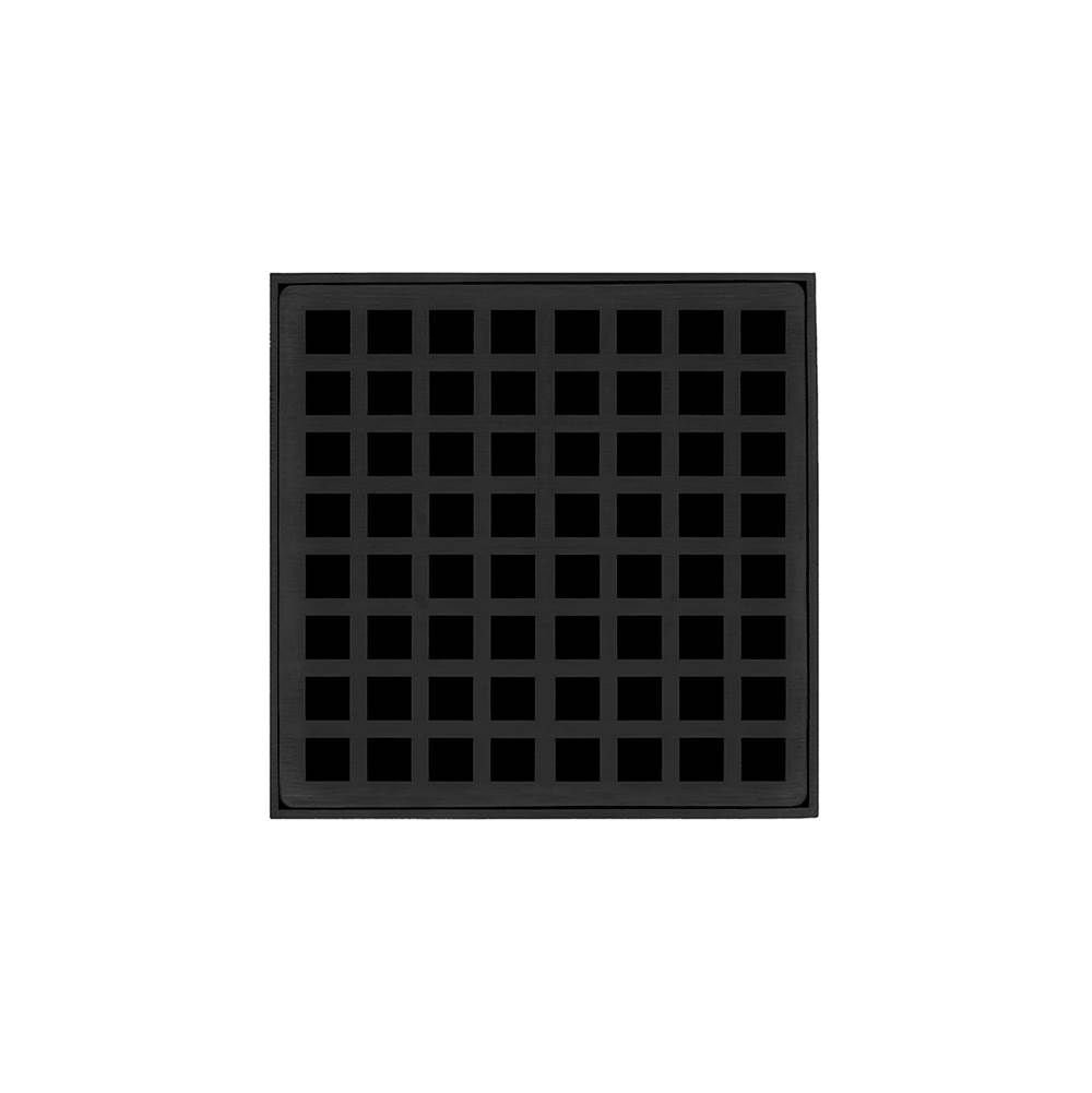 Infinity Drain 5'' x 5'' QDB 5 Complete Kit with Squares Pattern Decorative Plate in Matte Black with ABS Bonded Flange Drain Body, 2'', 3'' and 4'' Outlet