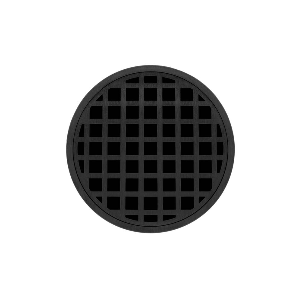 Infinity Drain 5'' Round RQD 5 Complete Kit with Squares Pattern Decorative Plate in Matte Black with Cast Iron Drain Body, 2'' Outlet