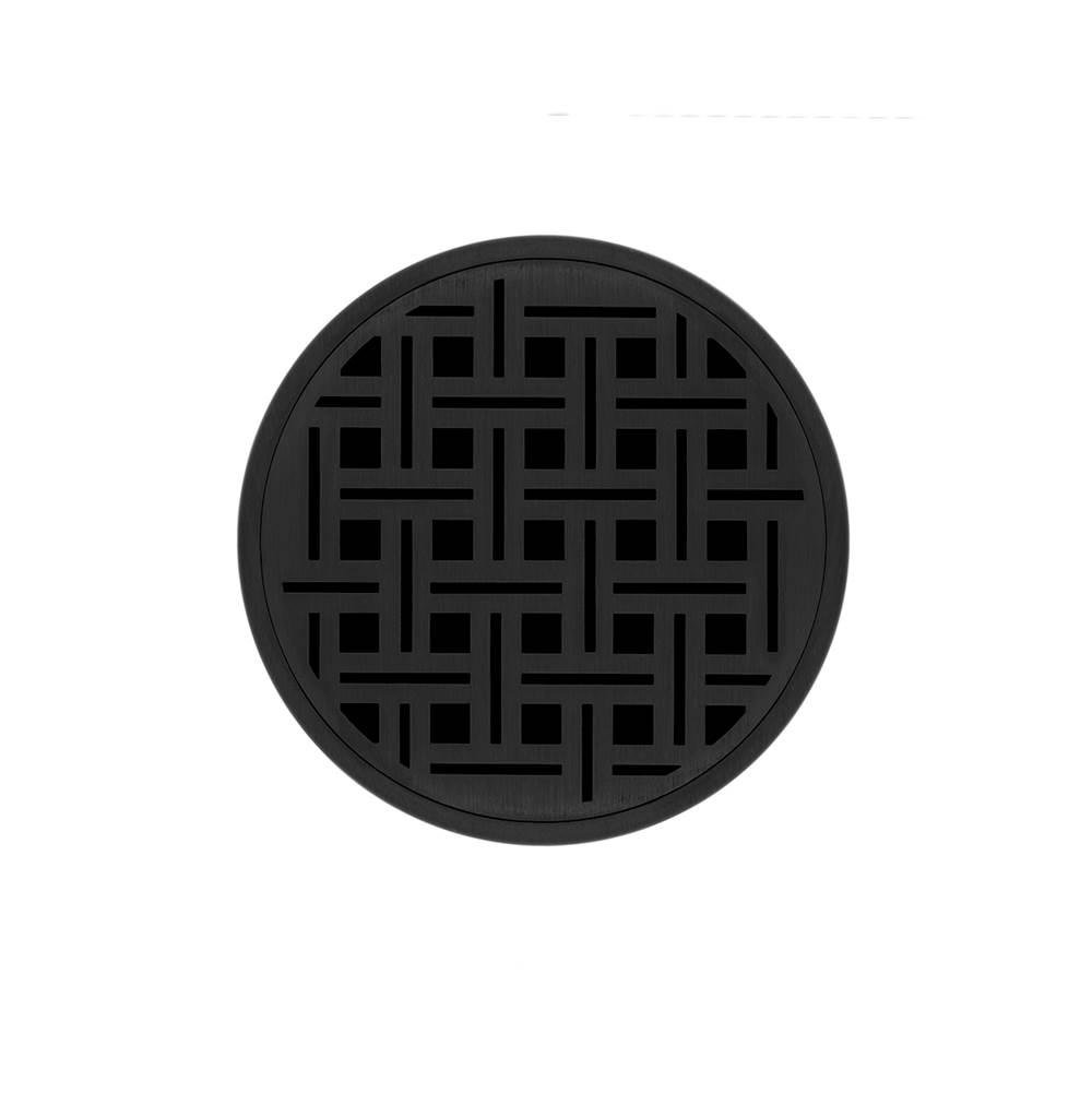 Infinity Drain 5'' Round RVD 5 High Flow Complete Kit with Weave Pattern Decorative Plate in Matte Black with Cast Iron Drain Body, 3'' No-Hub Outlet
