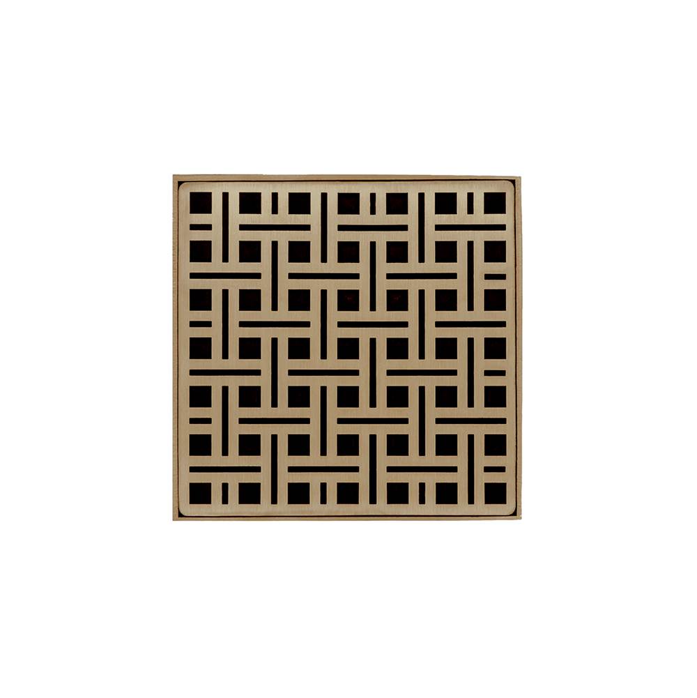 Infinity Drain 5'' x 5'' VD 5 High Flow Complete Kit with Weave Pattern Decorative Plate in Satin Bronze with Cast Iron Drain Body, 3'' No-Hub Outlet
