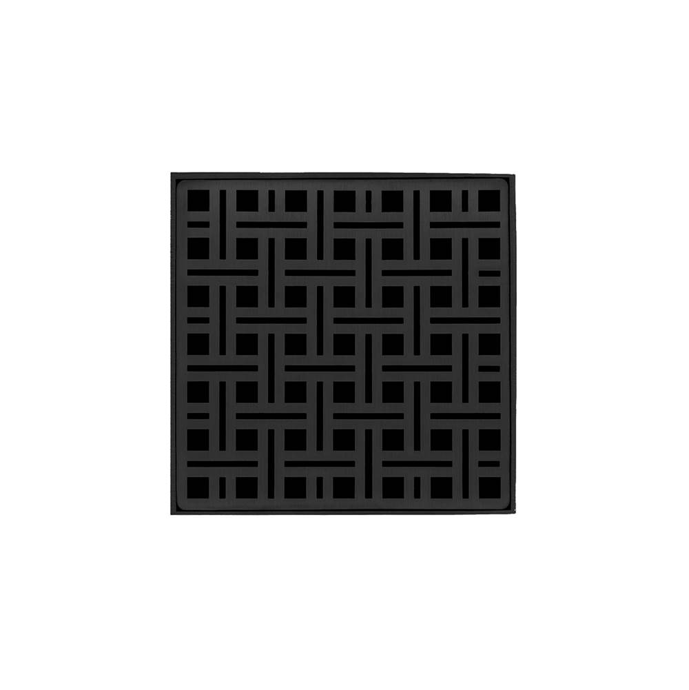 Infinity Drain 5'' x 5'' VDB 5 Complete Kit with Weave Pattern Decorative Plate in Matte Black with PVC Bonded Flange Drain Body, 2'', 3'' and 4'' Outlet