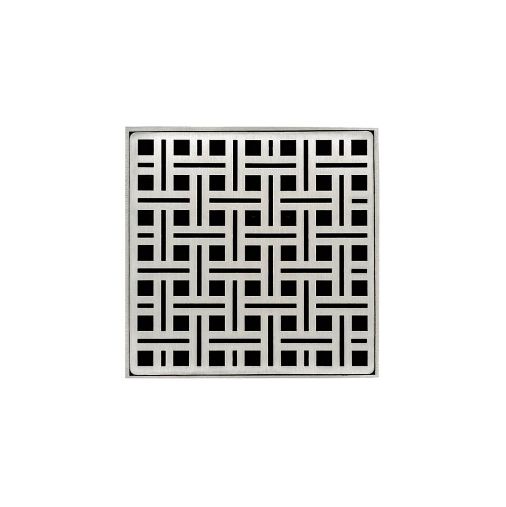 Infinity Drain 5'' x 5'' VDB 5 Complete Kit with Weave Pattern Decorative Plate in Satin Stainless with ABS Bonded Flange Drain Body, 2'', 3'' and 4'' Outlet