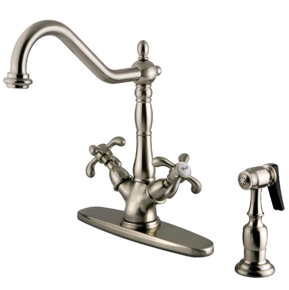 Kingston Brass French Country Mono Deck Mount Kitchen Faucet with Brass Sprayer, Brushed Nickel
