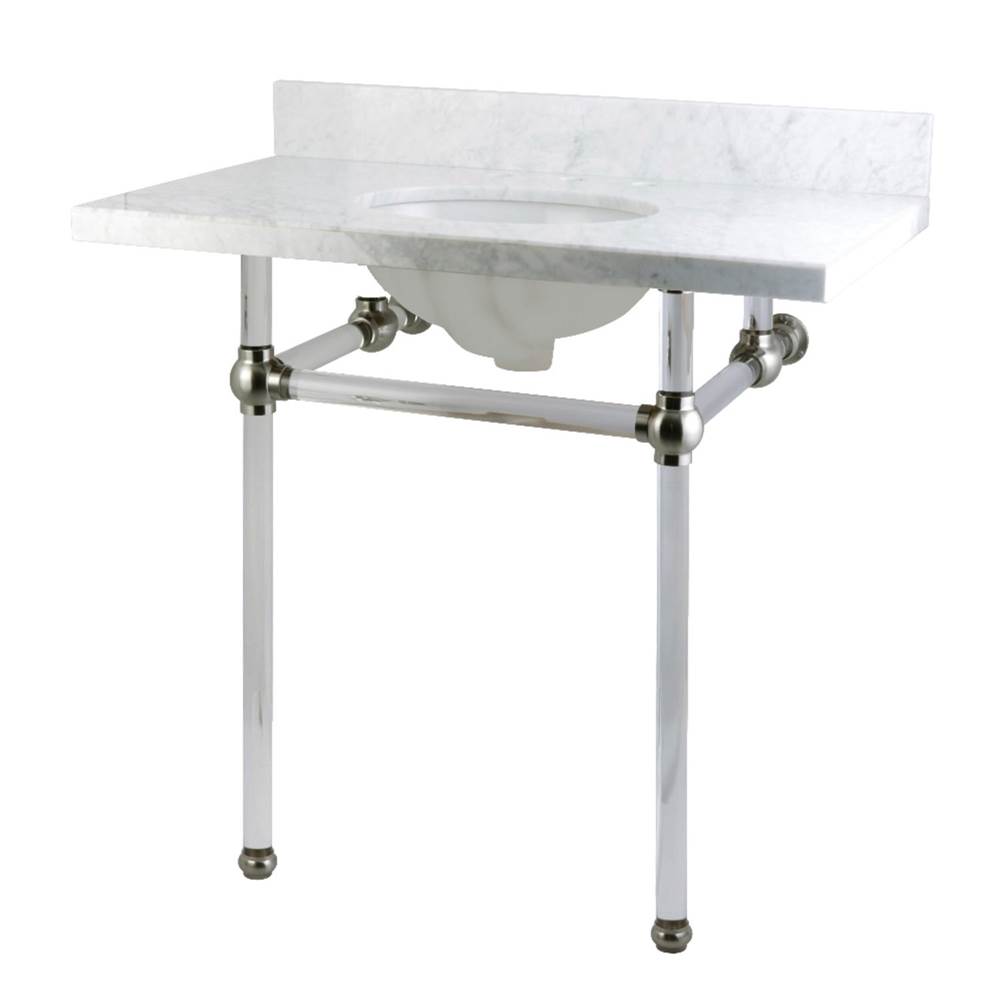 Kingston Brass Templeton 36'' x 22'' Carrara Marble Vanity Top with Clear Acrylic Console Legs, Carrara Marble/Brushed Nickel