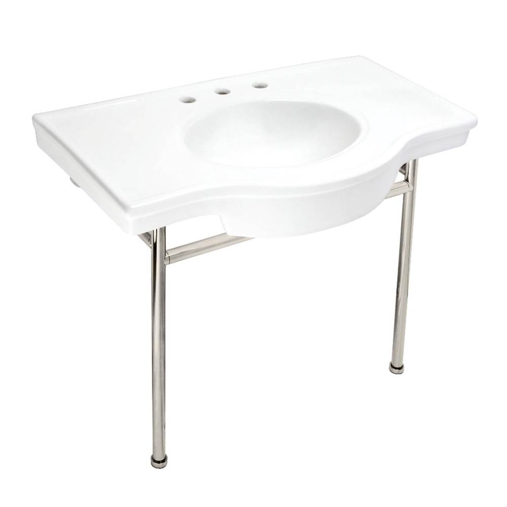 Kingston Brass Fauceture VPB28140W8PN Manchester 37'' Ceramic Console Sink with Stainless Steel Legs, White/Polished Nickel