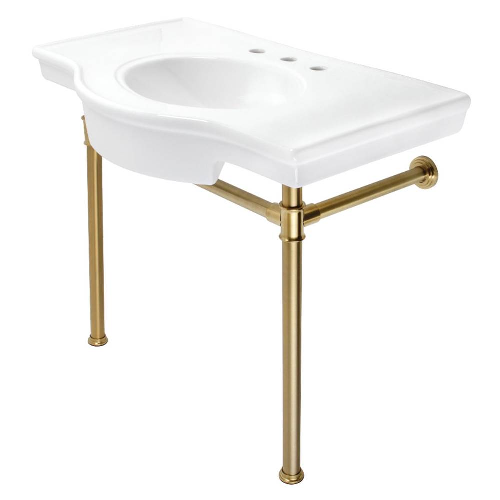 Kingston Brass Templeton 37'' Ceramic Console Sink with Stainless Steel Legs, White/Brushed Brass