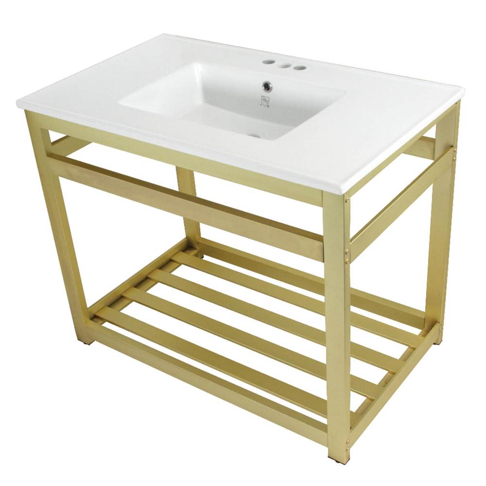 Kingston Brass Fauceture Quadras 37-Inch Ceramic Console Sink (4-Inch, 3-Hole), White/Brushed Brass