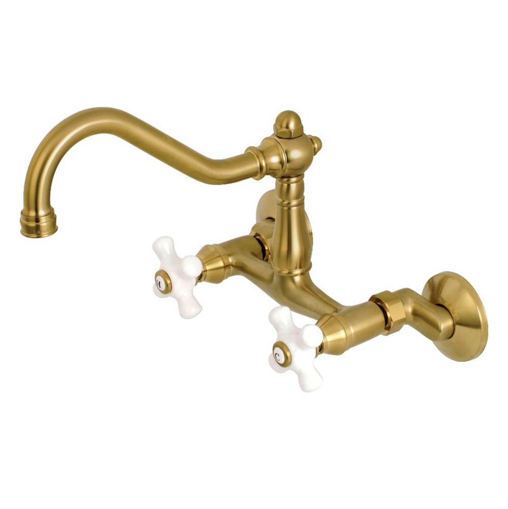 Kingston Brass Vintage 6'' Adjustable Center Wall Mount Kitchen Faucet, Brushed Brass