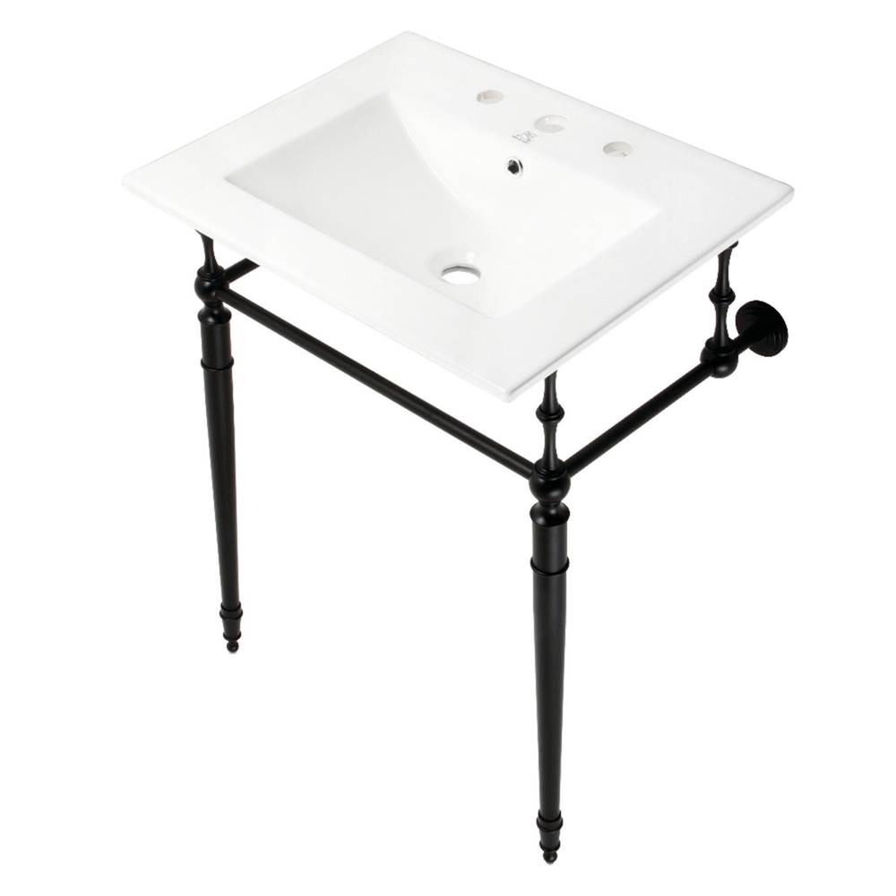 Kingston Brass Fauceture KVPB24187W8MB Edwardian 24'' Console Sink with Brass Legs (8-Inch, 3 Hole), White/Matte Black