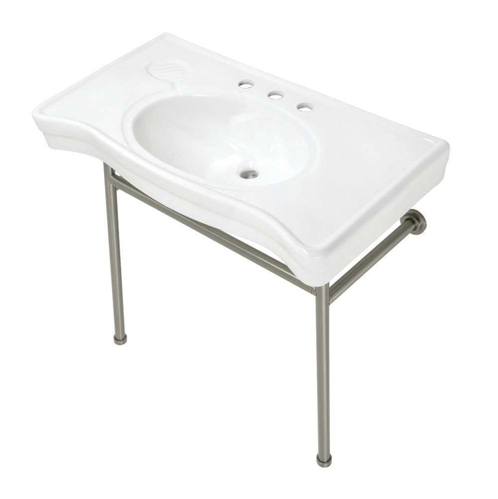 Kingston Brass Fauceture VPB28140W88 Bristol 36'' Ceramic Console Sink with Stainless Steel Legs, White/Brushed Nickel