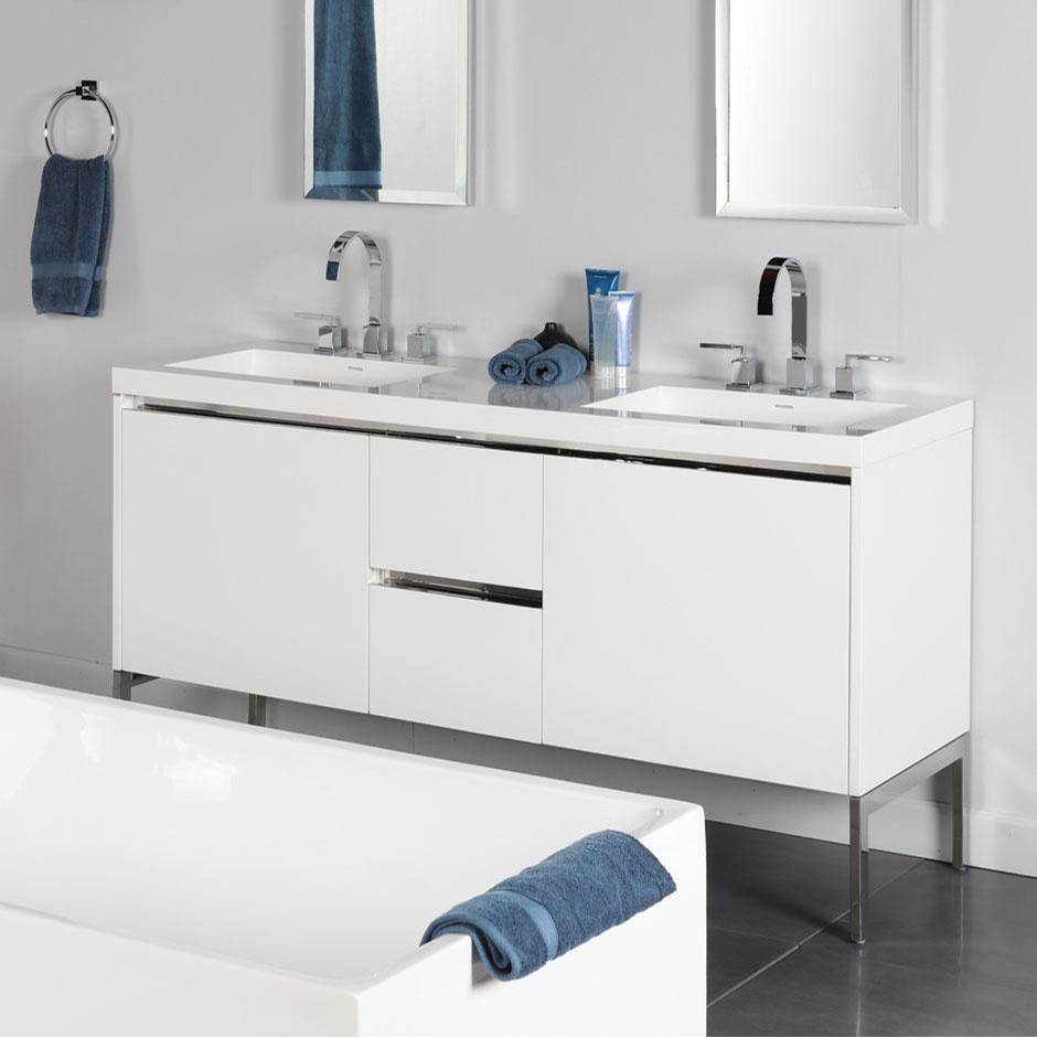 Lacava Wall-mount under-counter double vanity with a notch-back large drawer on left and right, and two small drawers on the center.