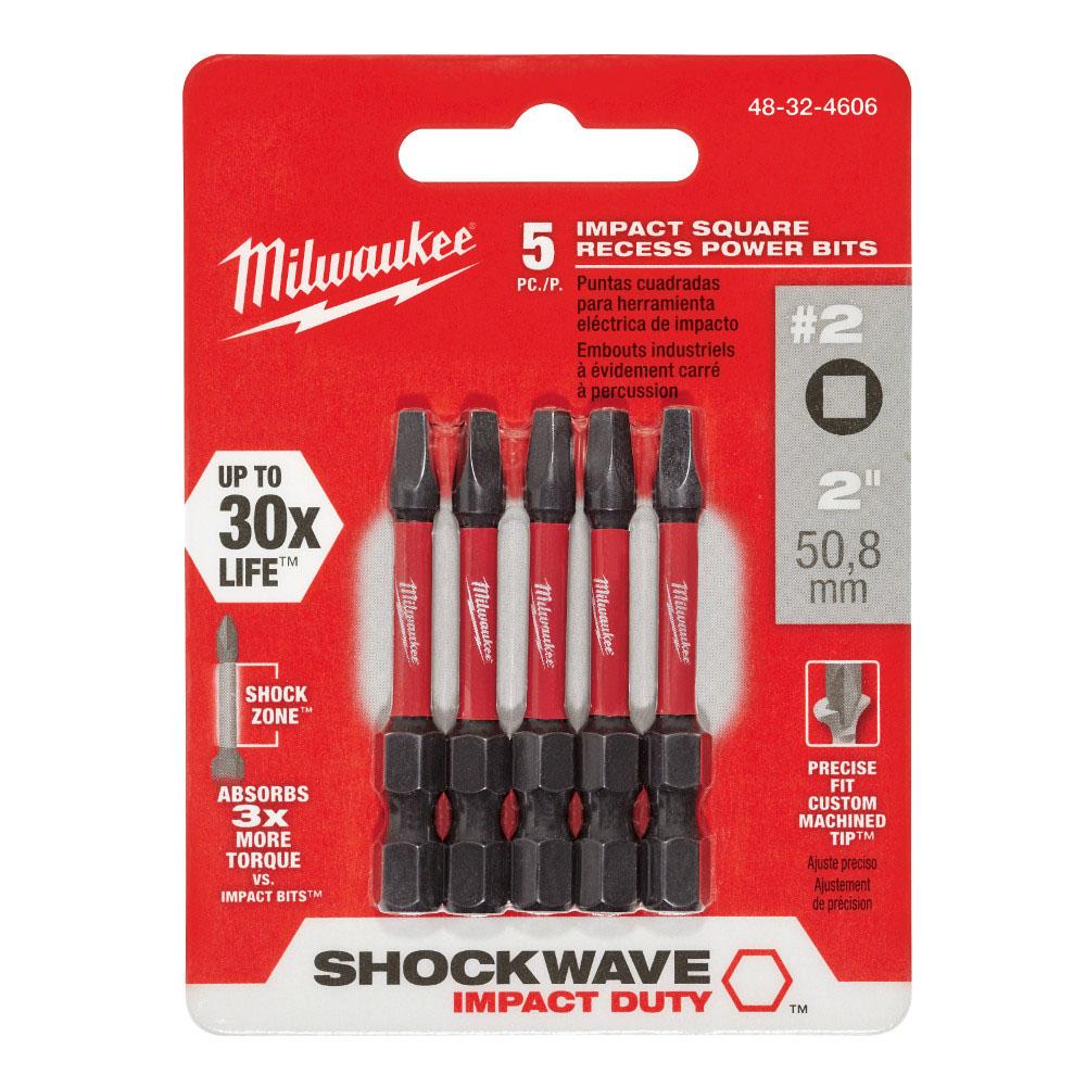 Milwaukee Tool Shockwave 2'' Power Bit Sq Recess No.2 - 5Pk