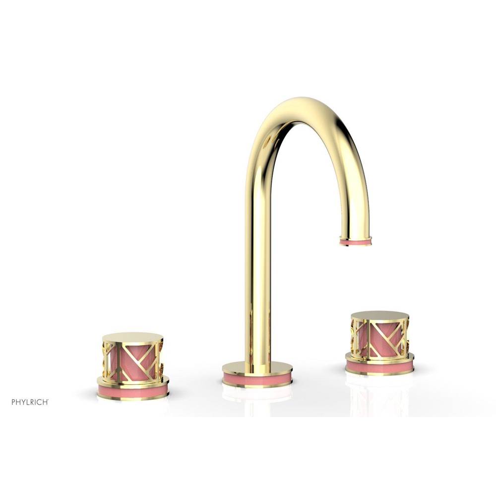Phylrich Burnished Gold Jolie Widespread Lavatory Faucet With Gooseneck Spout, Round Cutaway Handles, And Pink Accents - 1.2GPM