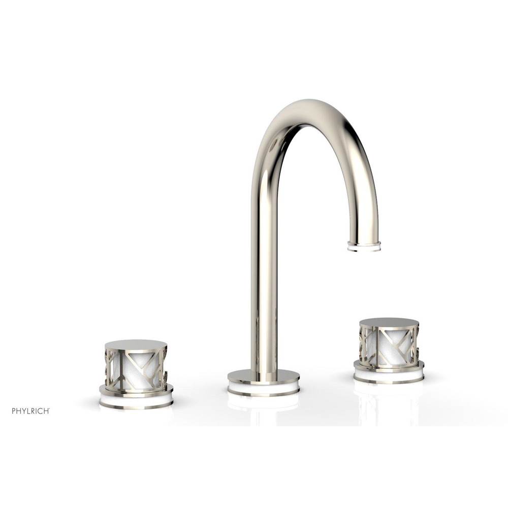 Phylrich Polished Brass Jolie Widespread Lavatory Faucet With Gooseneck Spout, Round Cutaway Handles, And Gloss White Accents - 1.2GPM