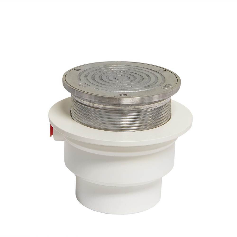Watts Floor Cleanout, PVC, 3 IN Plain Connection, 5 IN Round Adjustable SS Top, Poly Plug, MD Load Rating