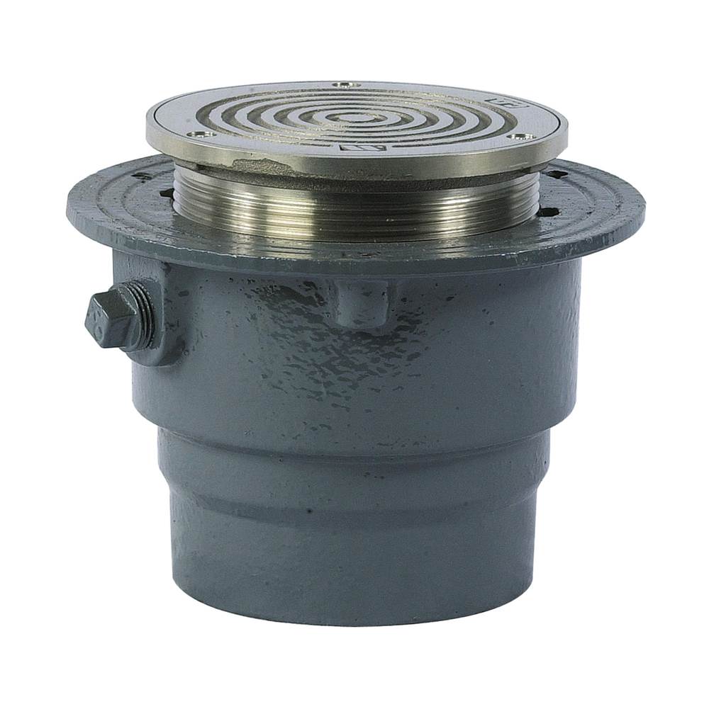 Watts Floor Cleanout, Epoxy Coated Cast Iron, 5 IN Round, Adjustable, Gasketed Nickel Bronze Top, Brass Cleanout Plug, 3 IN NH Outlet, MD Load Rating
